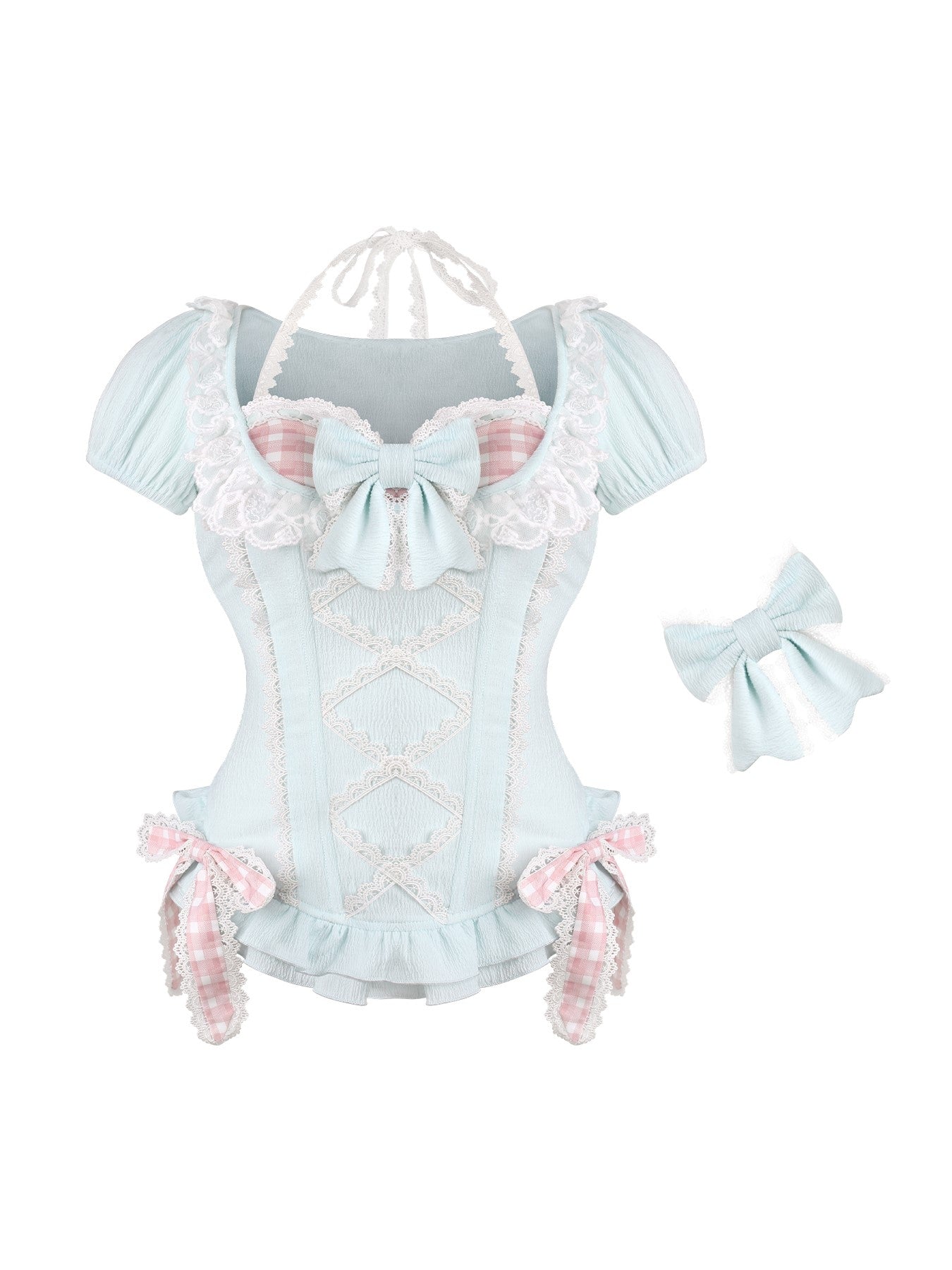 Mint Blue Bow Top/Plaid Cake Skirt SER0172