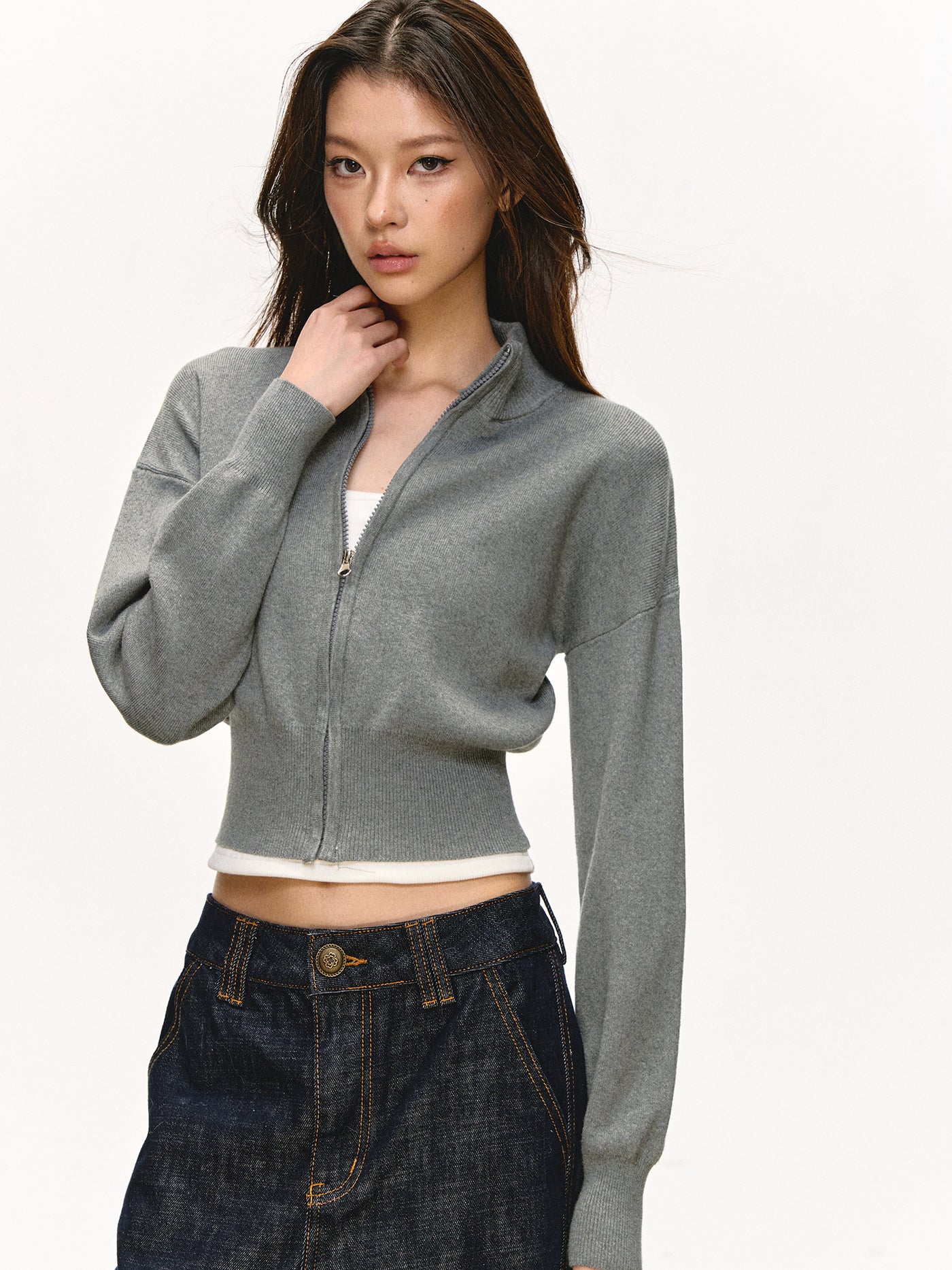 Stand Collar Zipper Knitted Short Cardigan ANA0096