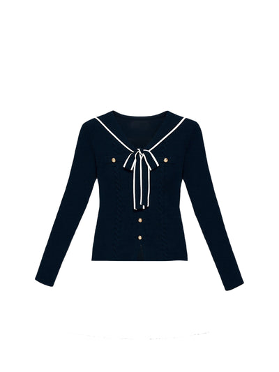 Navy Collar Bow Tie Cardigan/Pleated Skirt FRA0483