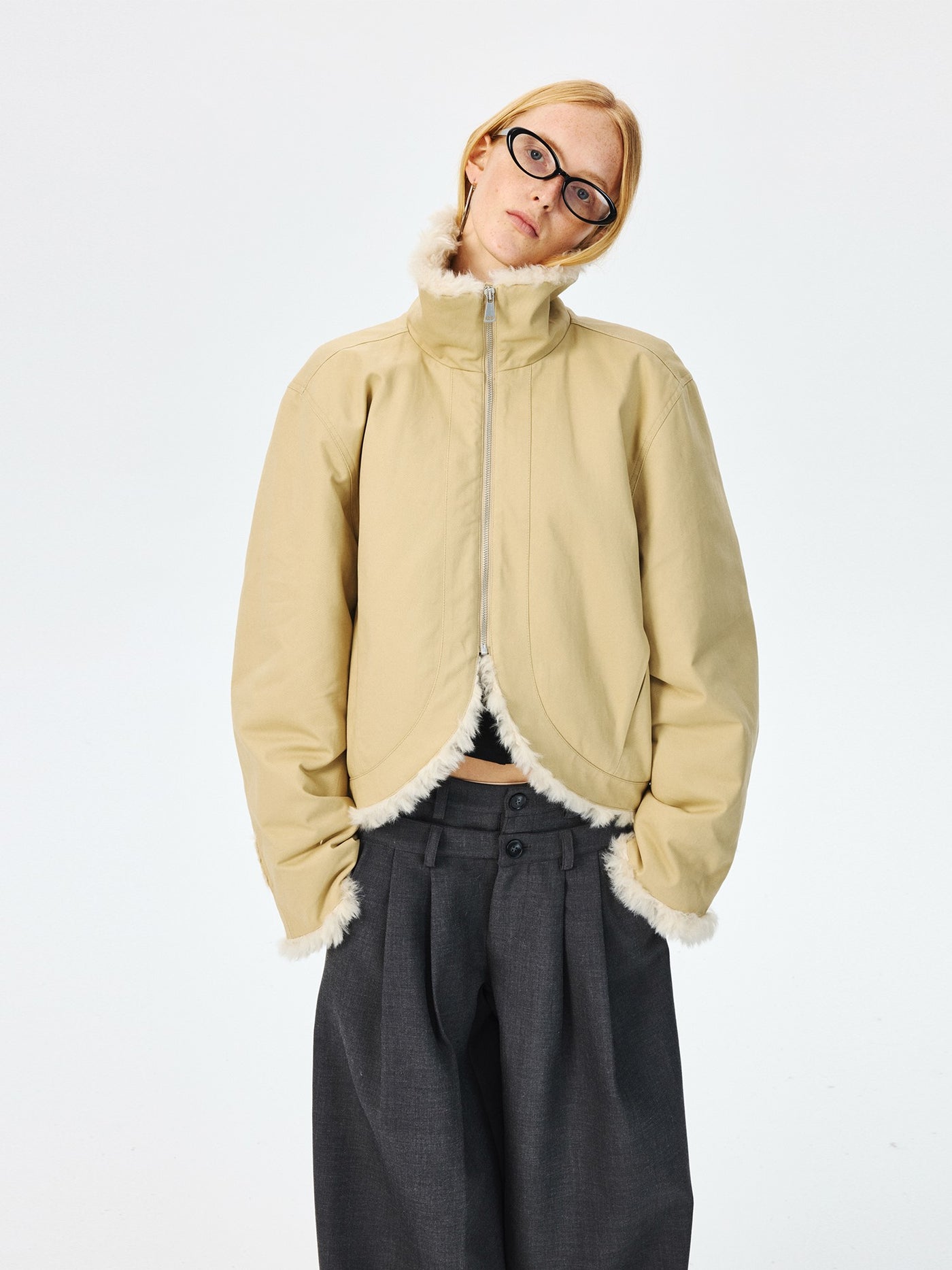 Short Collar Fur Lined Thick Jacket CUR0267