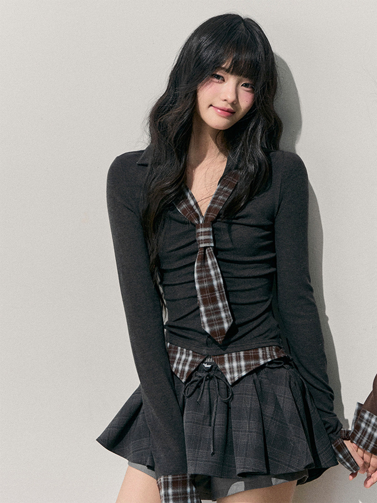 Faux Two-Piece Plaid Tie T-Shirt DIA0746