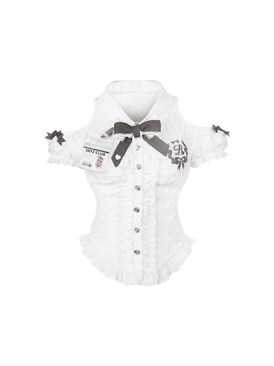 Puff Sleeve Bow Shirt/High Waist Skirt SER0189