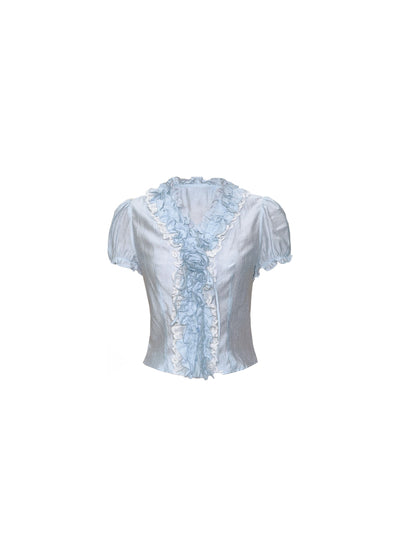 Gray Blue Flower Puff Sleeves Shirt FRA0347