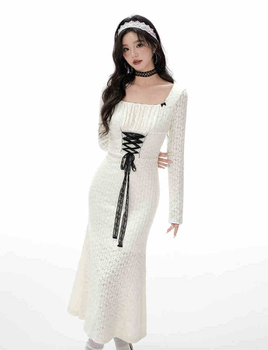 Lace Jacquard Strappy Square Neck Long Sleeve Knit Dress IMO0071