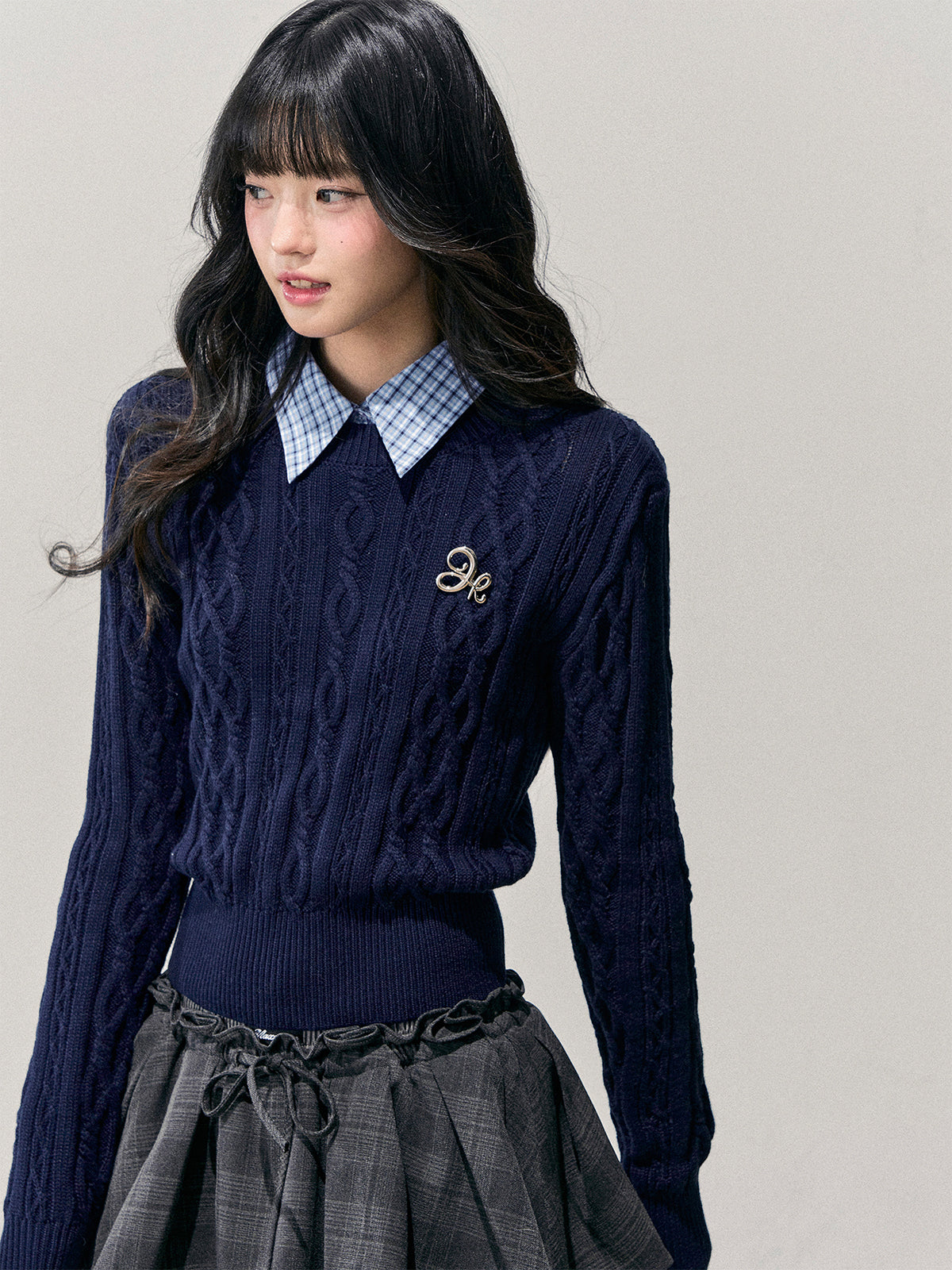 Plaid Collar Cable Knit Sweater DIA0751