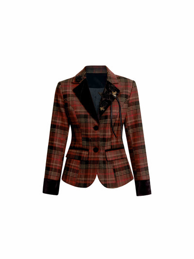 Red Plaid Slim Waist Suit Jacket/Black Velvet Skirt FRA0268