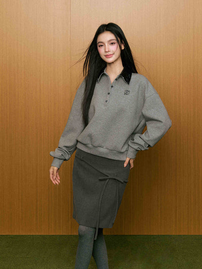 Sequined Lapel Simple Long-sleeved Silhouette Polo Collar Gray Sweatshirt AGM0085