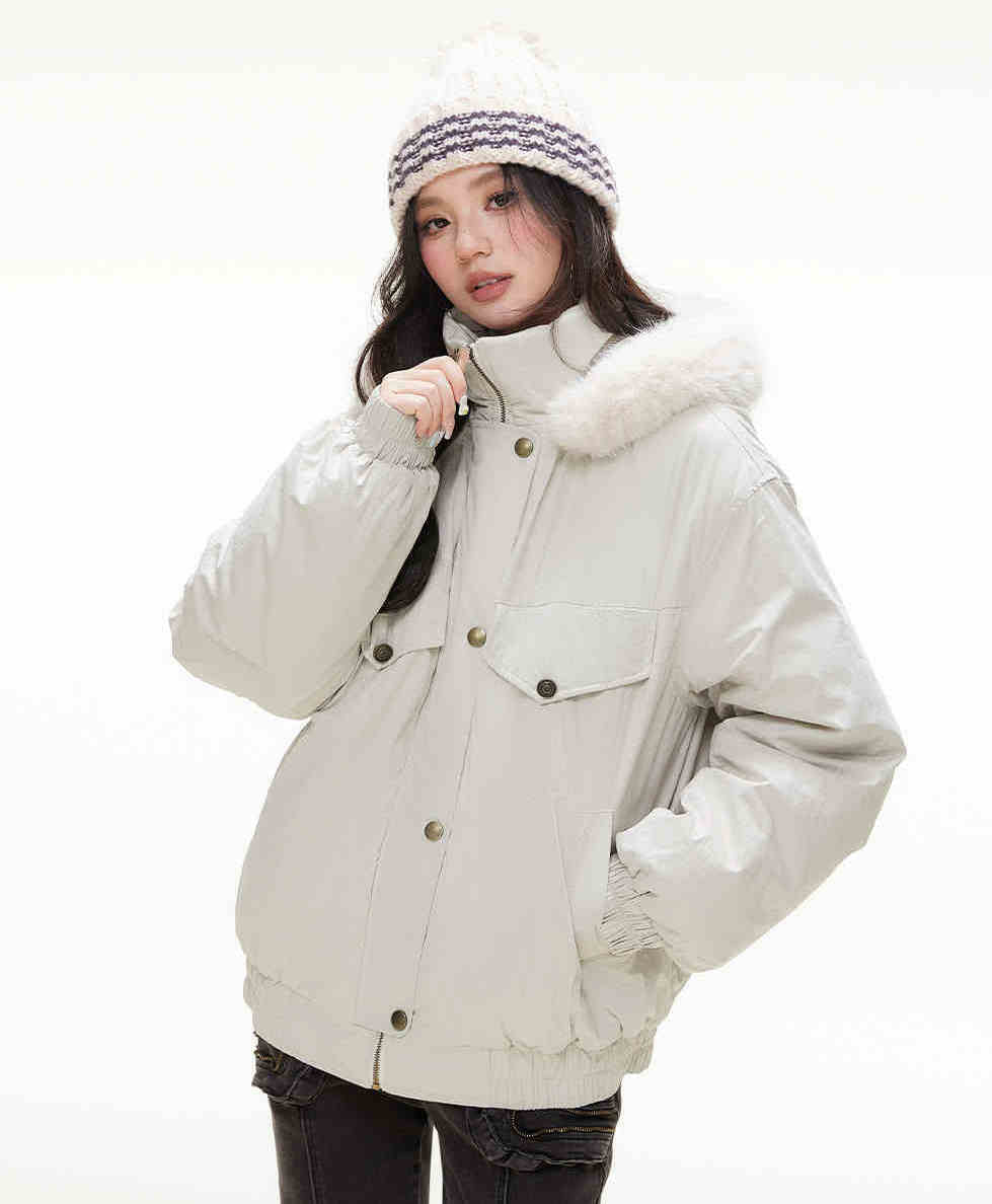 Vintage Street Detachable Fur Collar Hooded Cotton Loose Jacket IMO0073