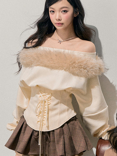 Fur Off-Shoulder Lace-up Waist T-Shirt DIA0744