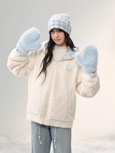 Plush Bear Ear Hooded Plaid Furry Jacket NTO0251