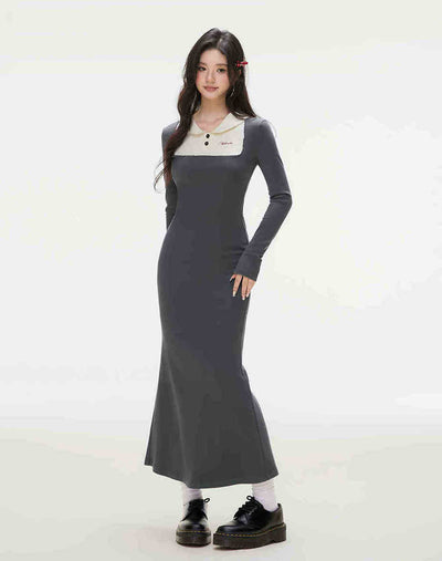 Contrast Lace Lapel Waist Slim Knit Maxi Dress IMO0069