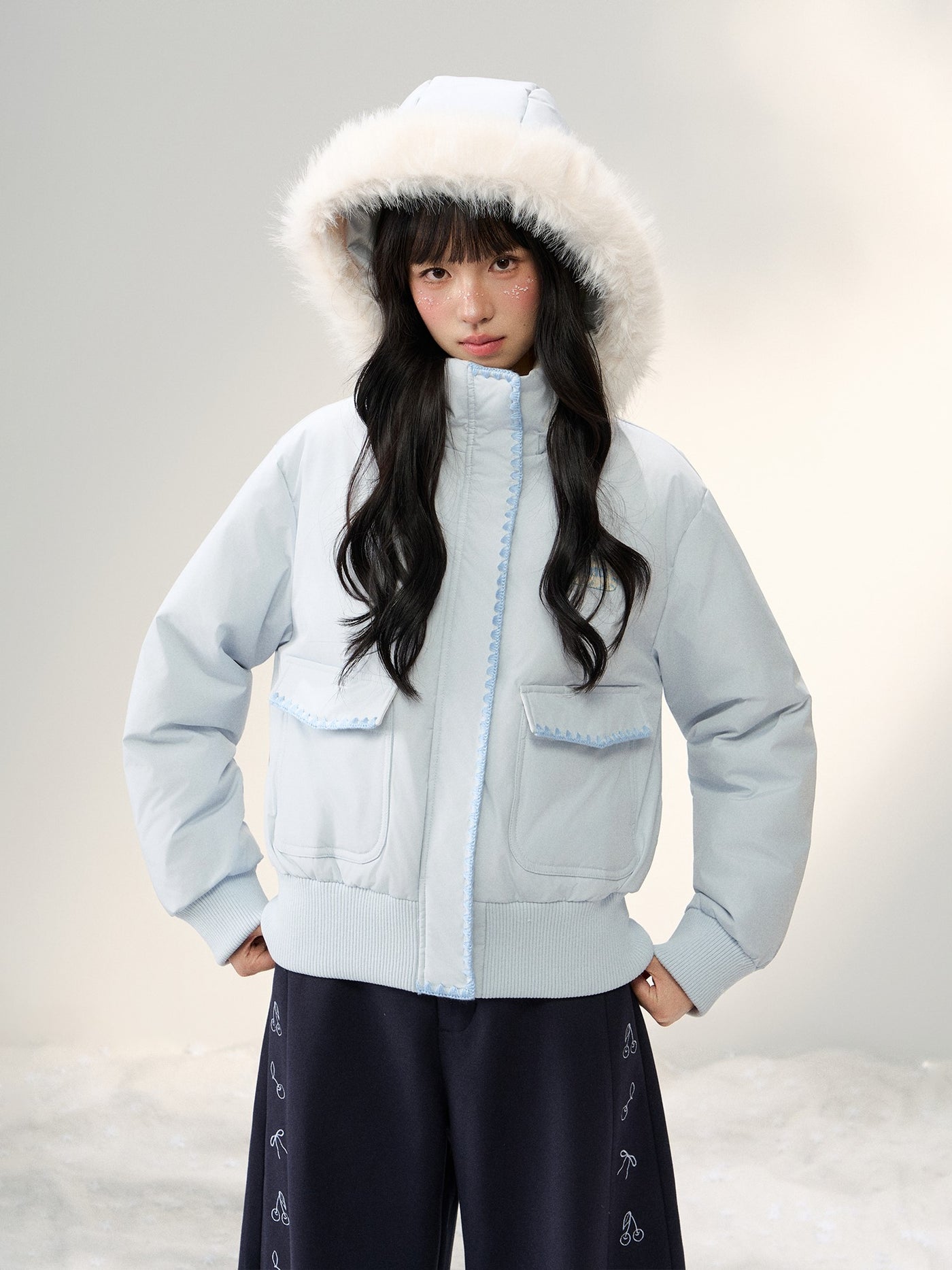 Shell Embroidered Fur Collar Hooded Down Jacket NTO0250