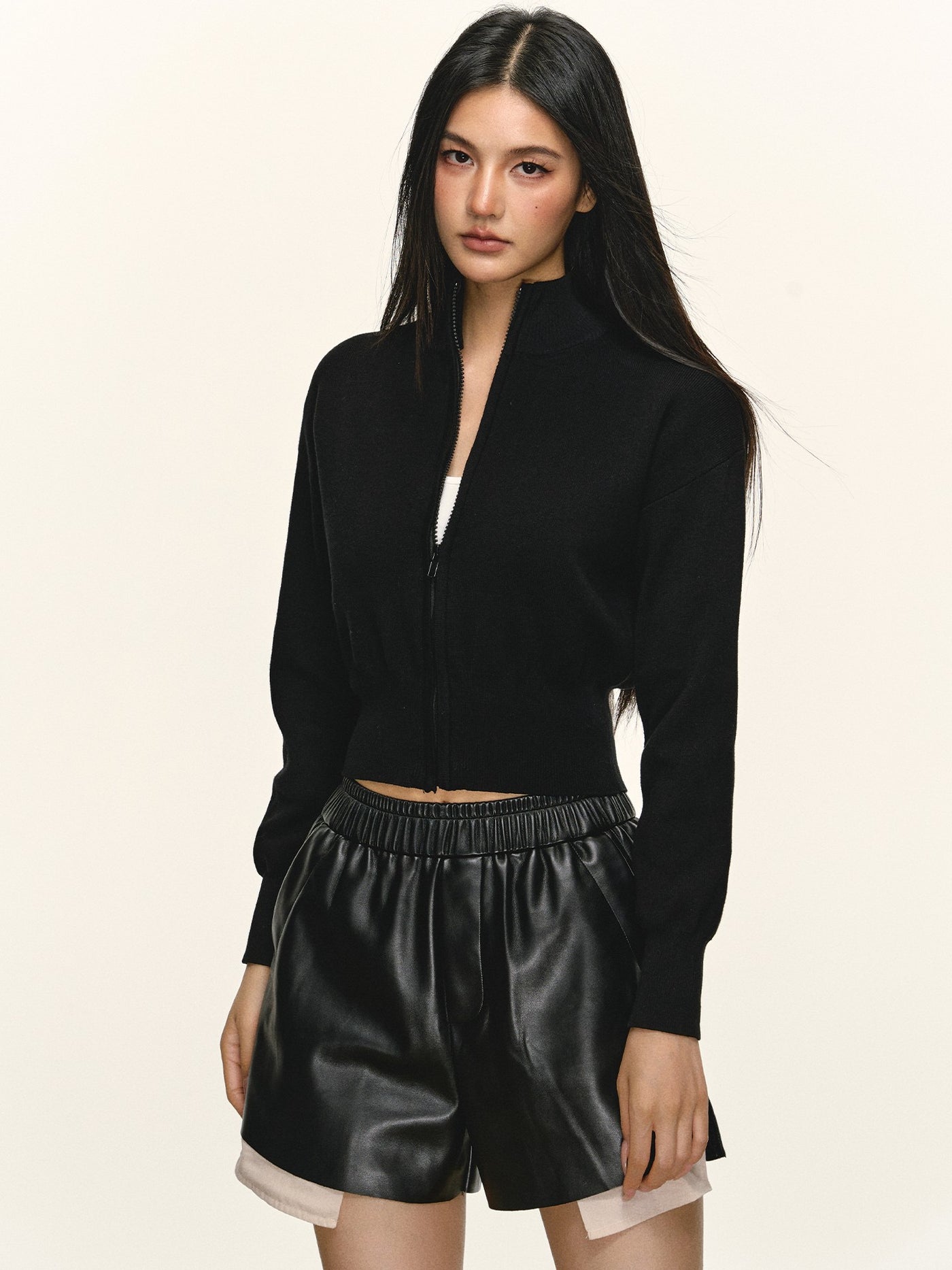 Stand Collar Zipper Knitted Short Cardigan ANA0096