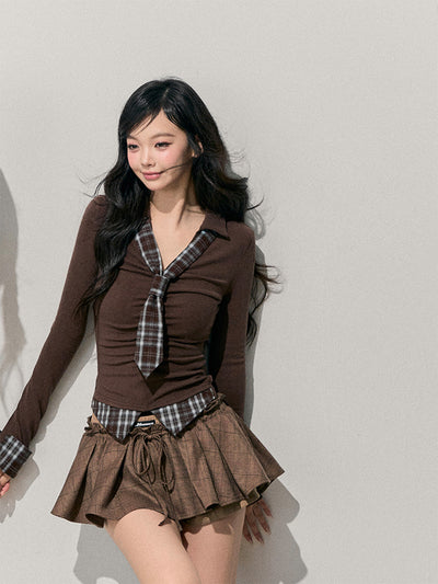 Faux Two-Piece Plaid Tie T-Shirt DIA0746