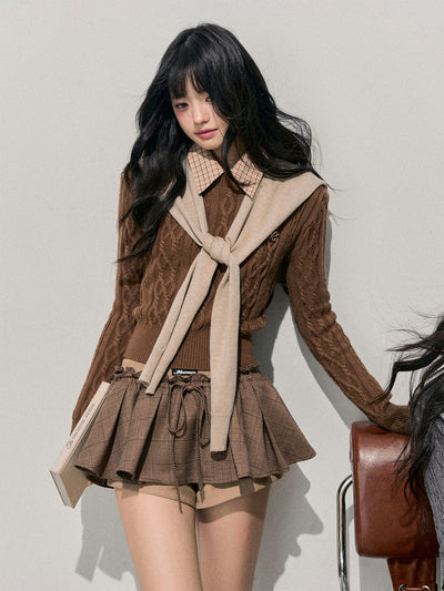 Plaid Collar Cable Knit Sweater DIA0751