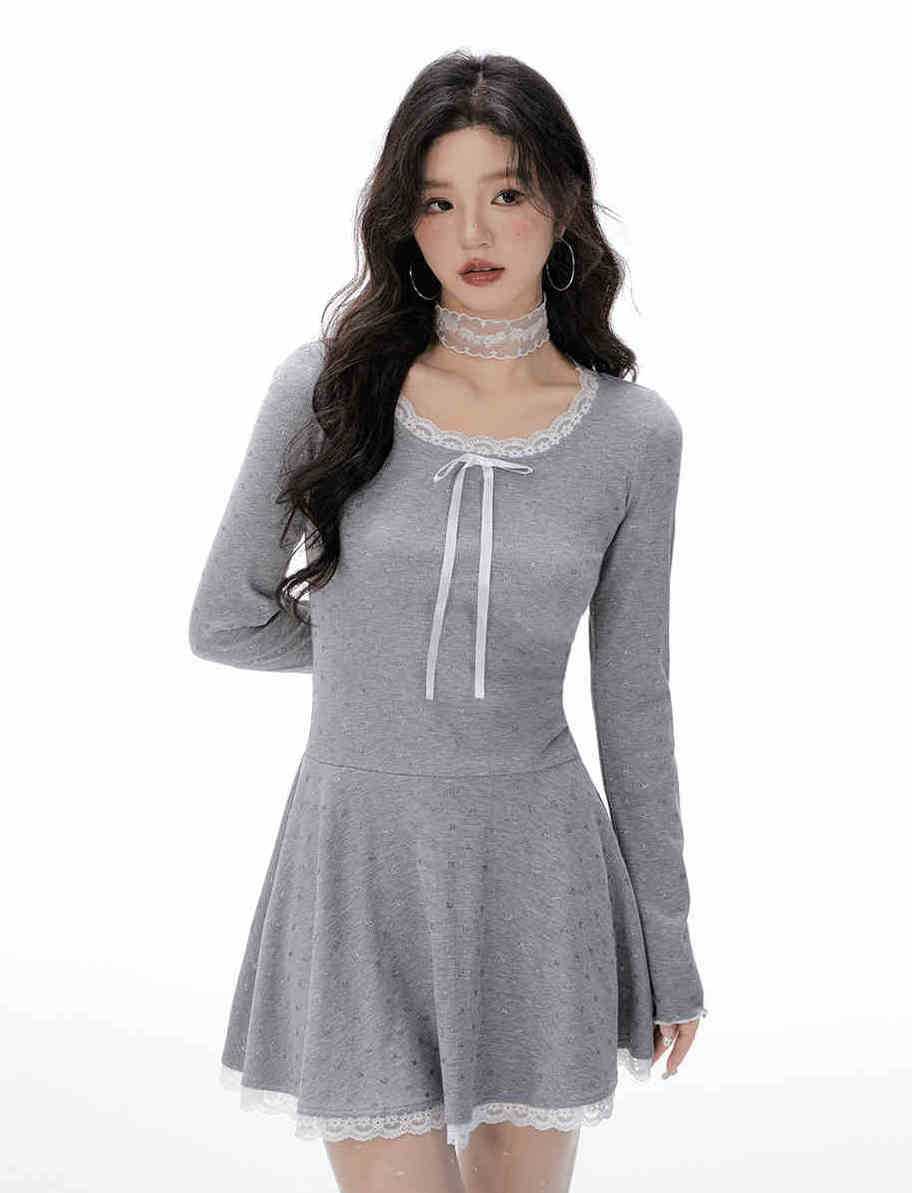 Bow Lace Slim Knit A-Line Dress IMO0072