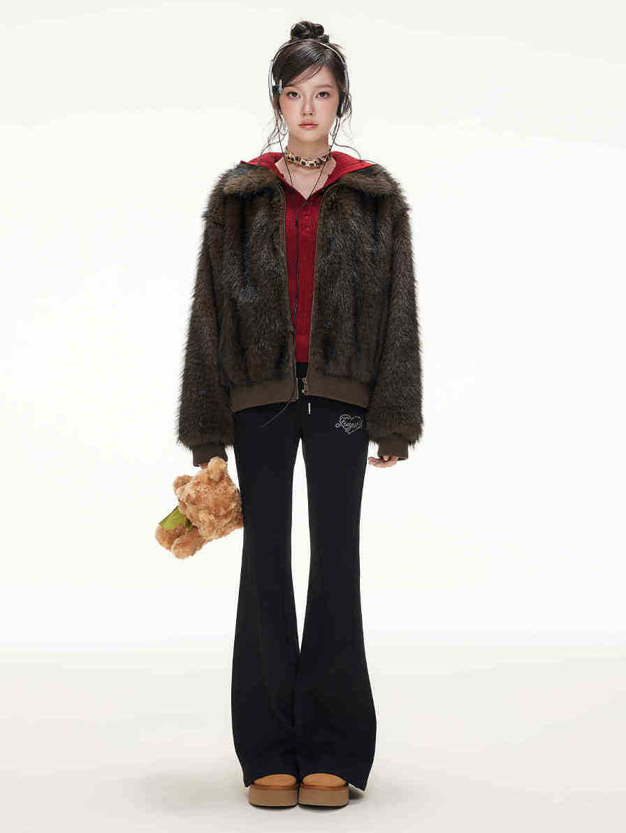 Street Ribbed Hem Fur Lapel Long Sleeve Short Jacket IMO0068