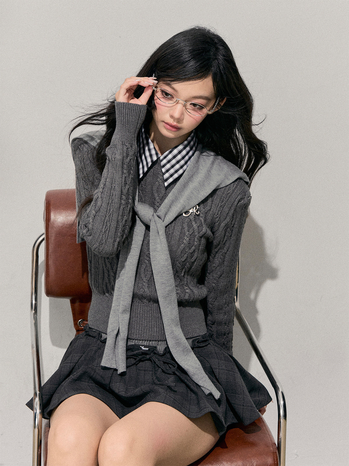 Plaid Collar Cable Knit Sweater DIA0751