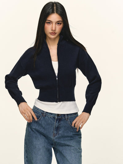 Stand Collar Zipper Knitted Short Cardigan ANA0096