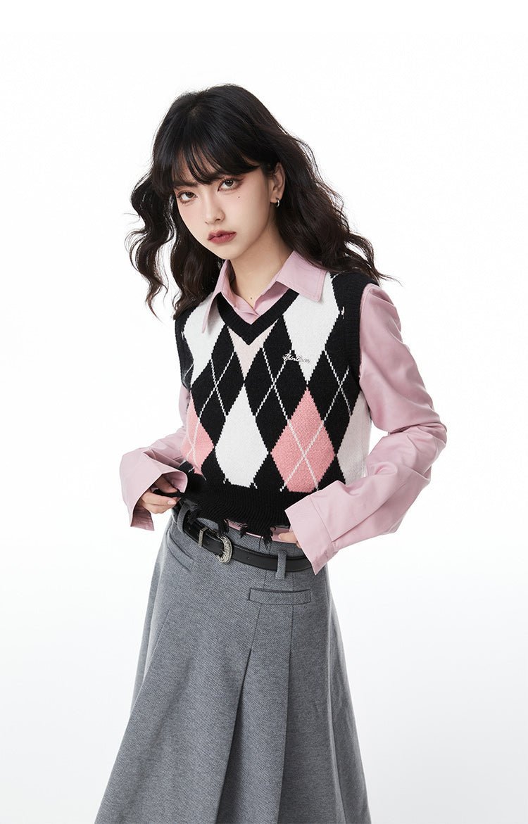 College Style Short Rhombus Knitted Vest TBI0013