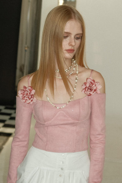 Pink Flower Off-shoulder Slim Long-sleeved Top SNT0030