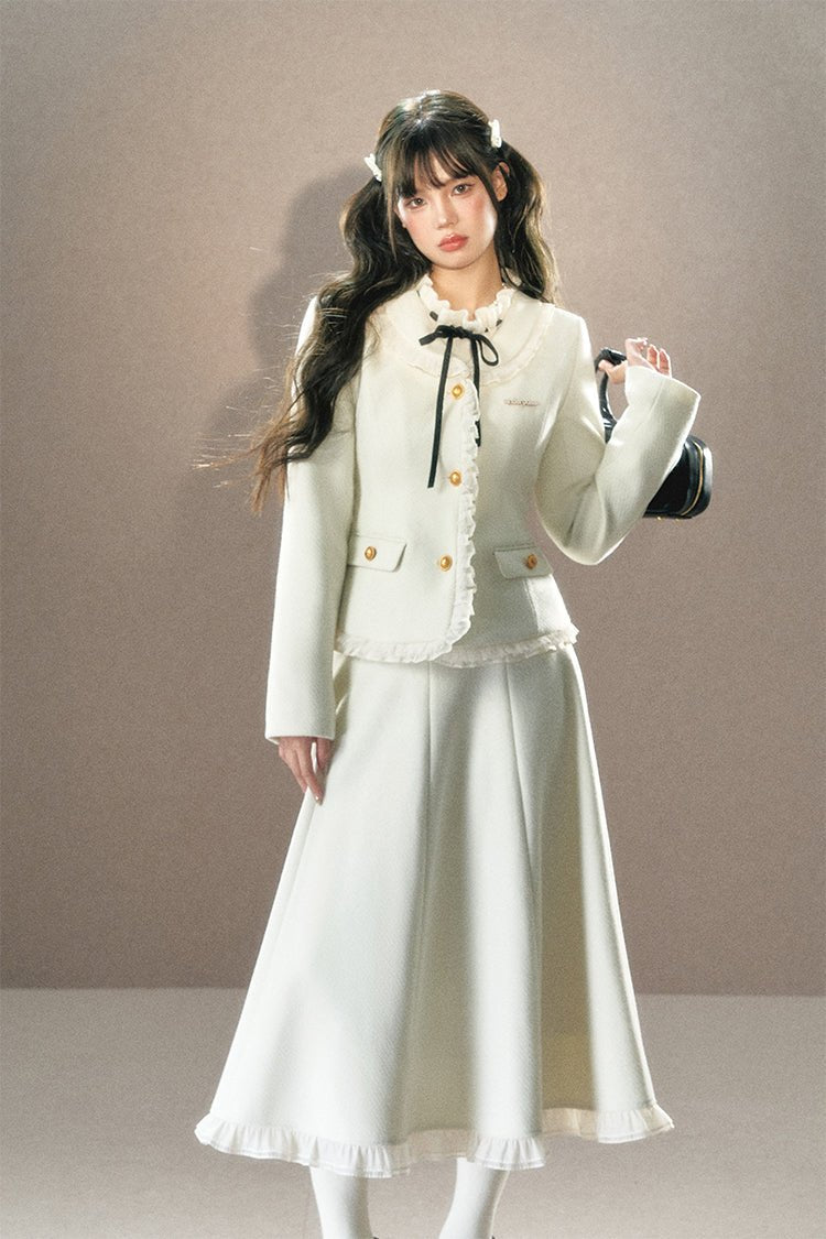French White Small Fragrant Lace Collar Waist Jacket/Long Skirt UND0016