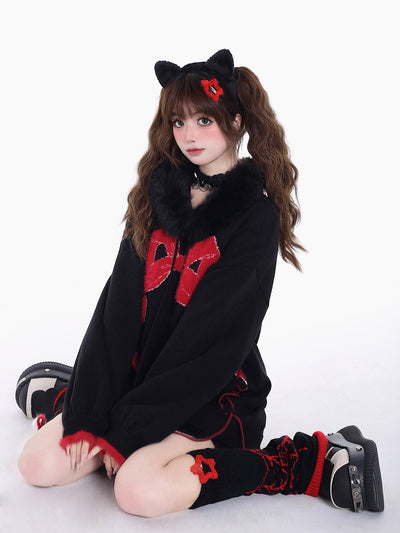 Bow Black And Red Fur Collar Sweater CRA0007