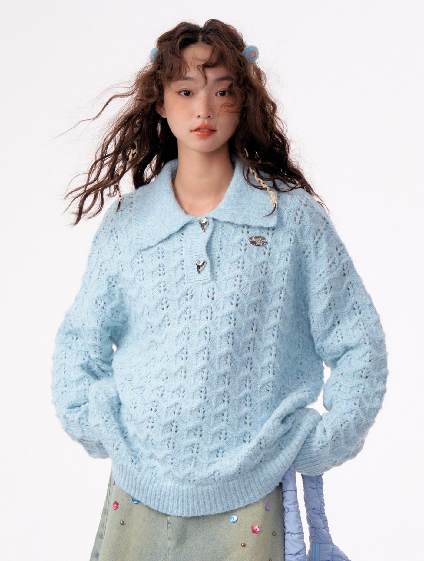 American Retro Gentle Hollow Texture Polo Collar Sweater ZIZ0009