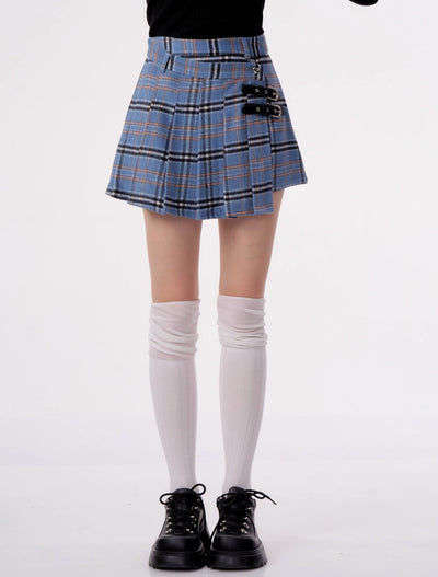 Blue Plaid Irregular Design High Waist Pleated Skirt ZIZ0011