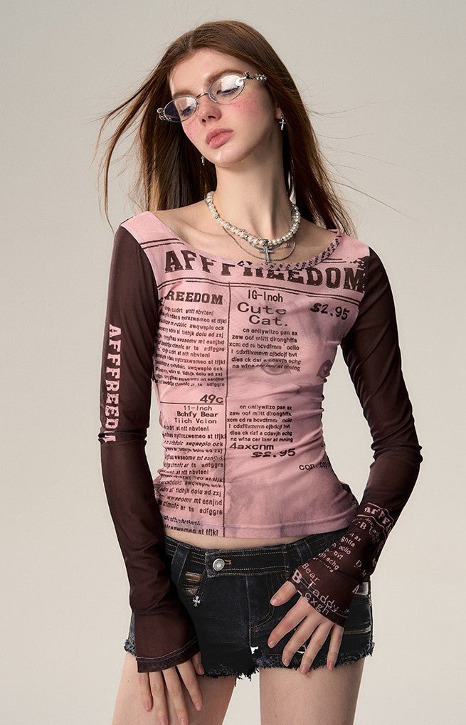 Retro Contrasting Color Letter Long-sleeved Slim T-shirt AFF0014