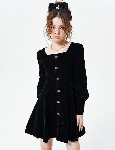 Black High-waisted A-line Velvet Dress WAE0032