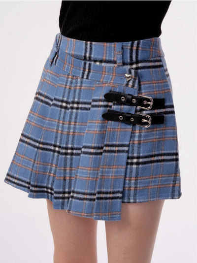 Blue Plaid Irregular Design High Waist Pleated Skirt ZIZ0011