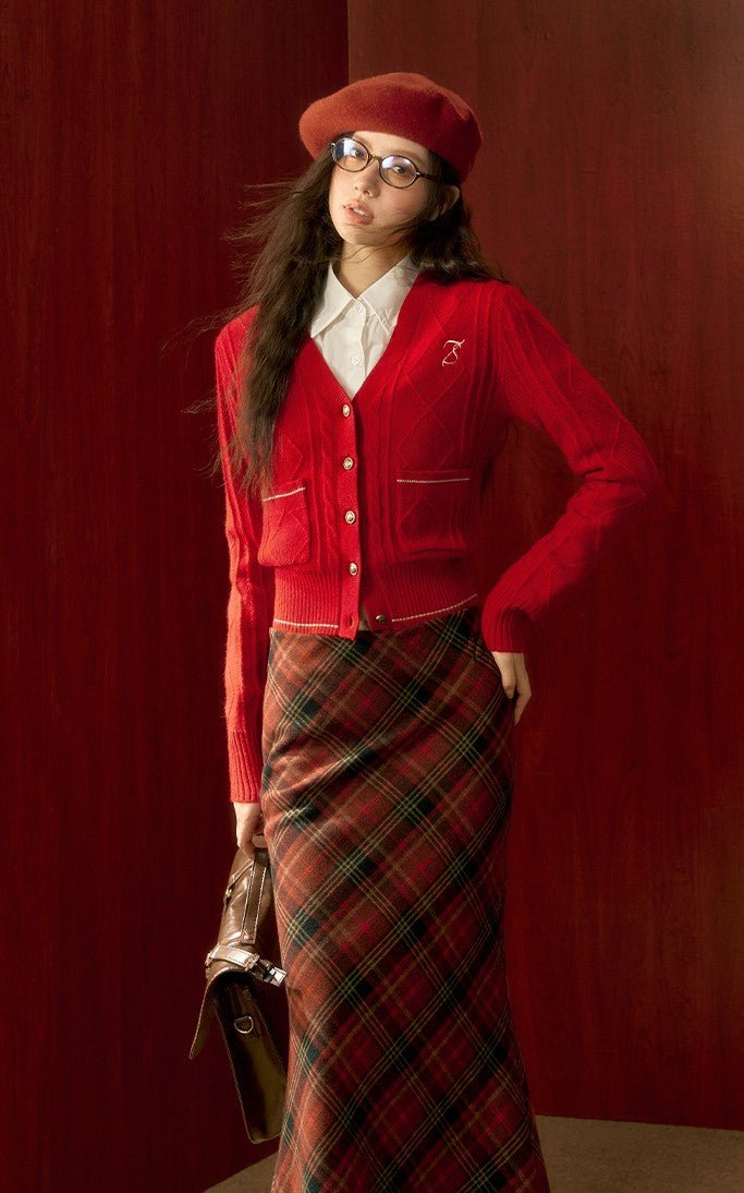Red Knitted Cardigan/Plaid Skirt SHI0032