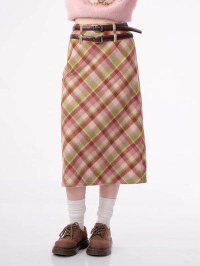 High-waist Slim Plaid Mid-length Plaid Woolen Skirt ZIZ0013