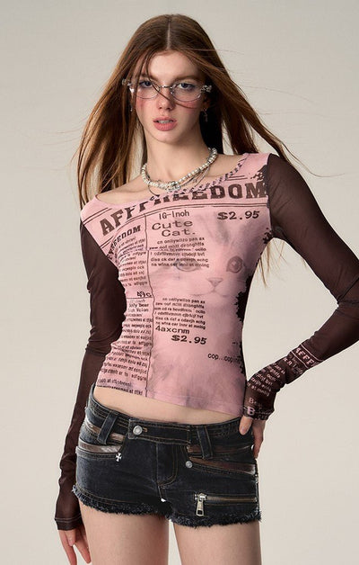 Retro Contrasting Color Letter Long-sleeved Slim T-shirt AFF0014