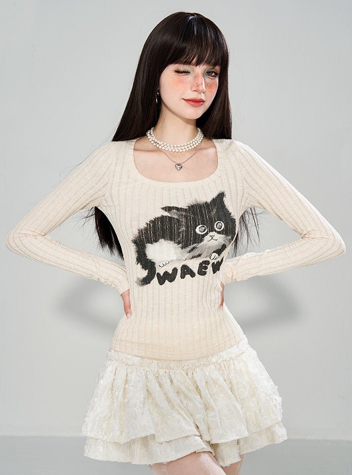 Cat Print T-shirt Large Round Neck Long-sleeved Knit/Skirt WAE0007