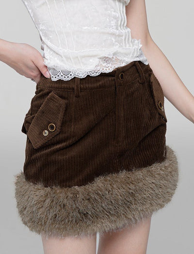 Brown Pocket Corduroy Raw Edge Retro Skirt WAE0021