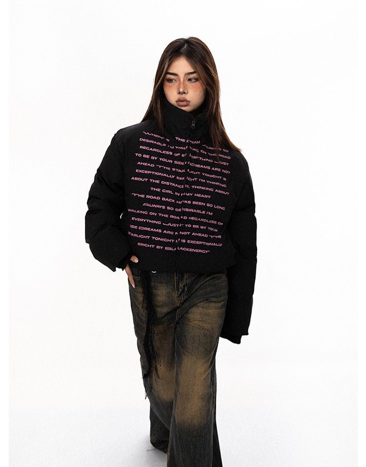 Pink Code Letter Printing Design Stand-up Collar Cotton Coat BLA0099