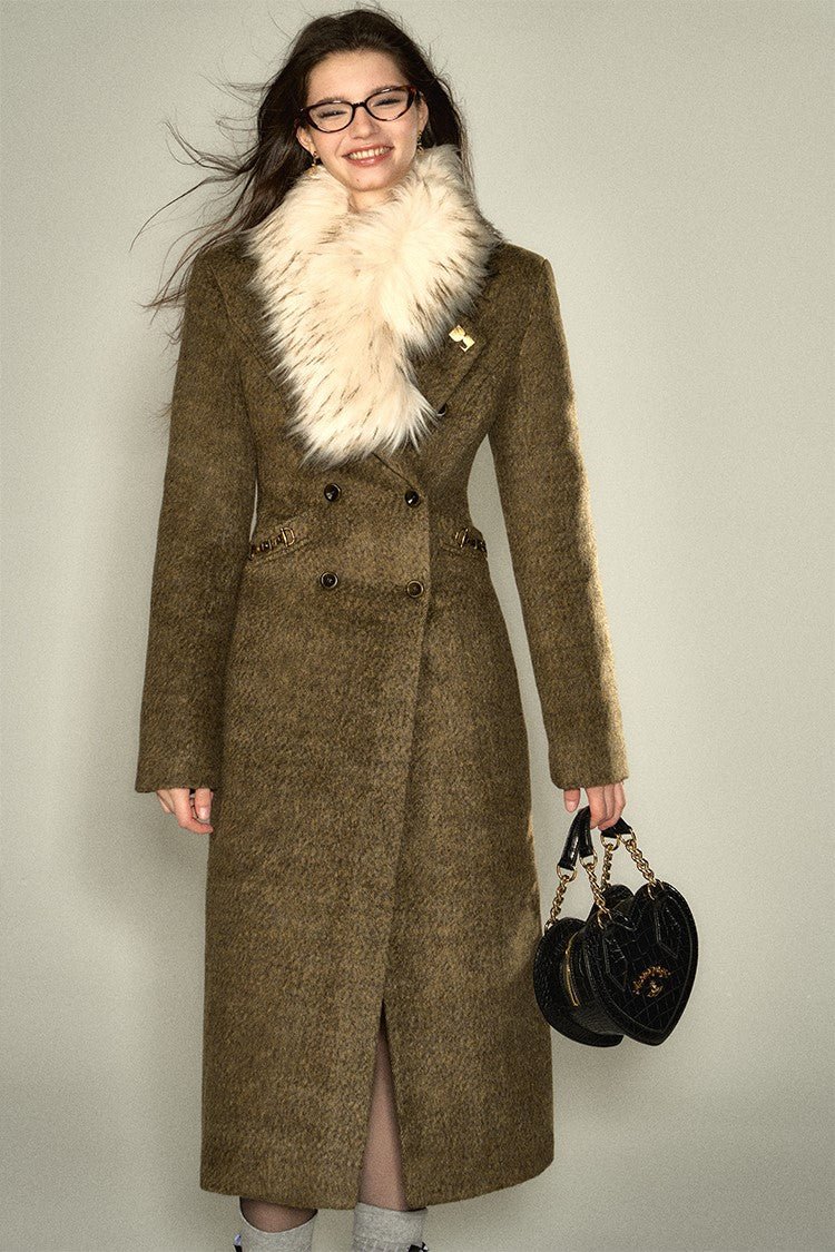 Fur Collar Waist Mid-length Woolen Coat DPR0022