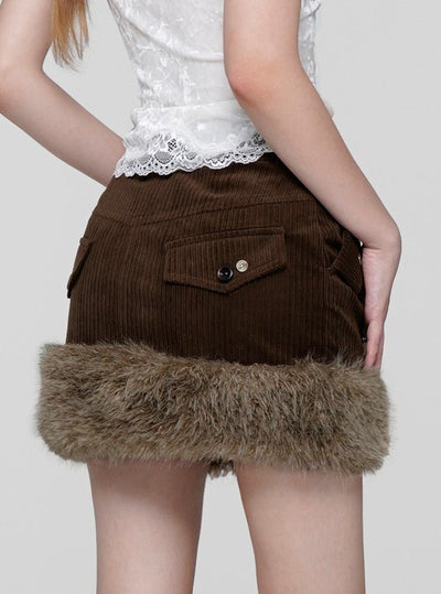 Brown Pocket Corduroy Raw Edge Retro Skirt WAE0021