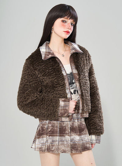 Fur Splicing Plaid Long Sleeve Jacket/Skirt WAE0016