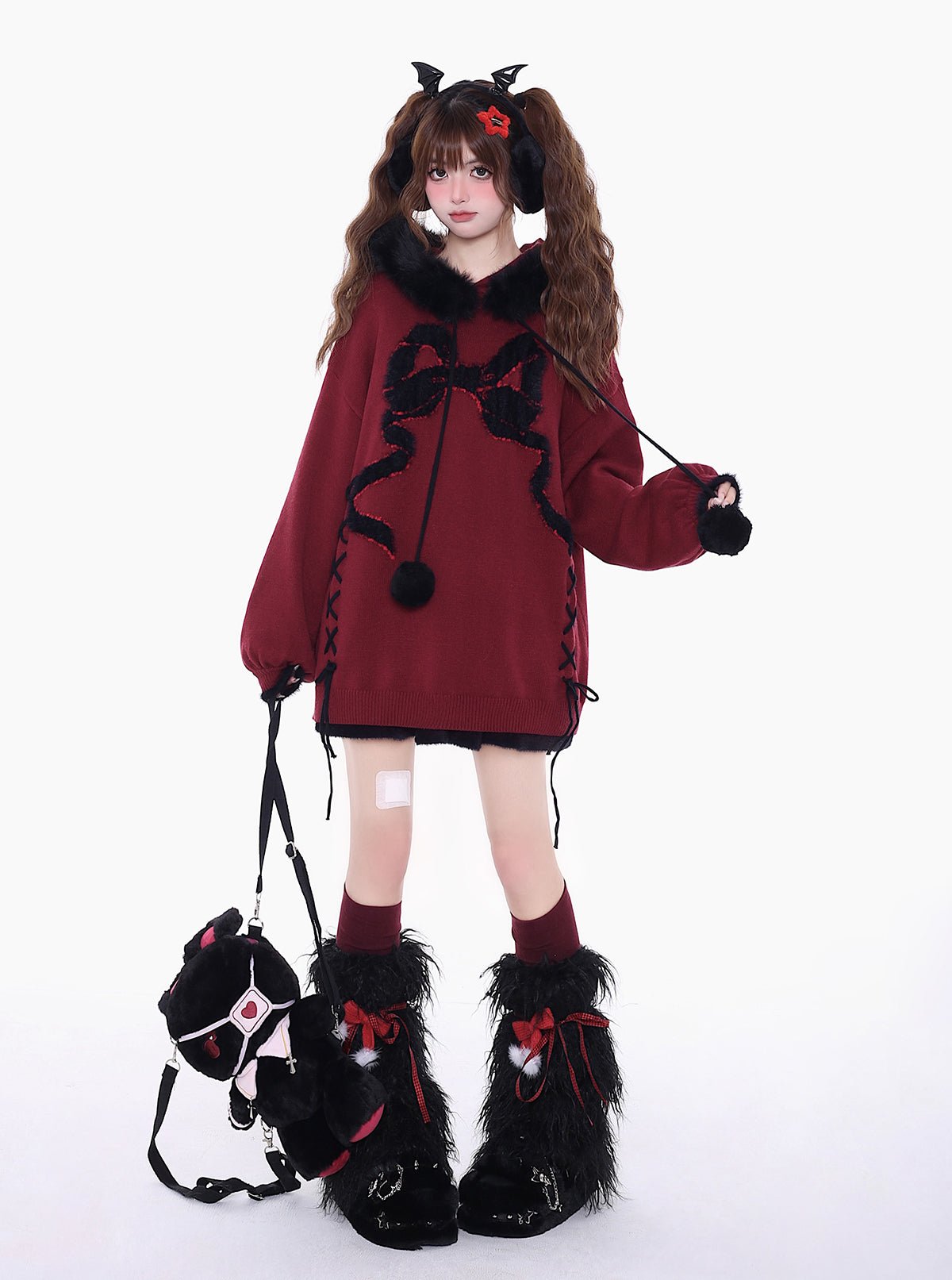 Bow Black And Red Fur Collar Sweater CRA0007