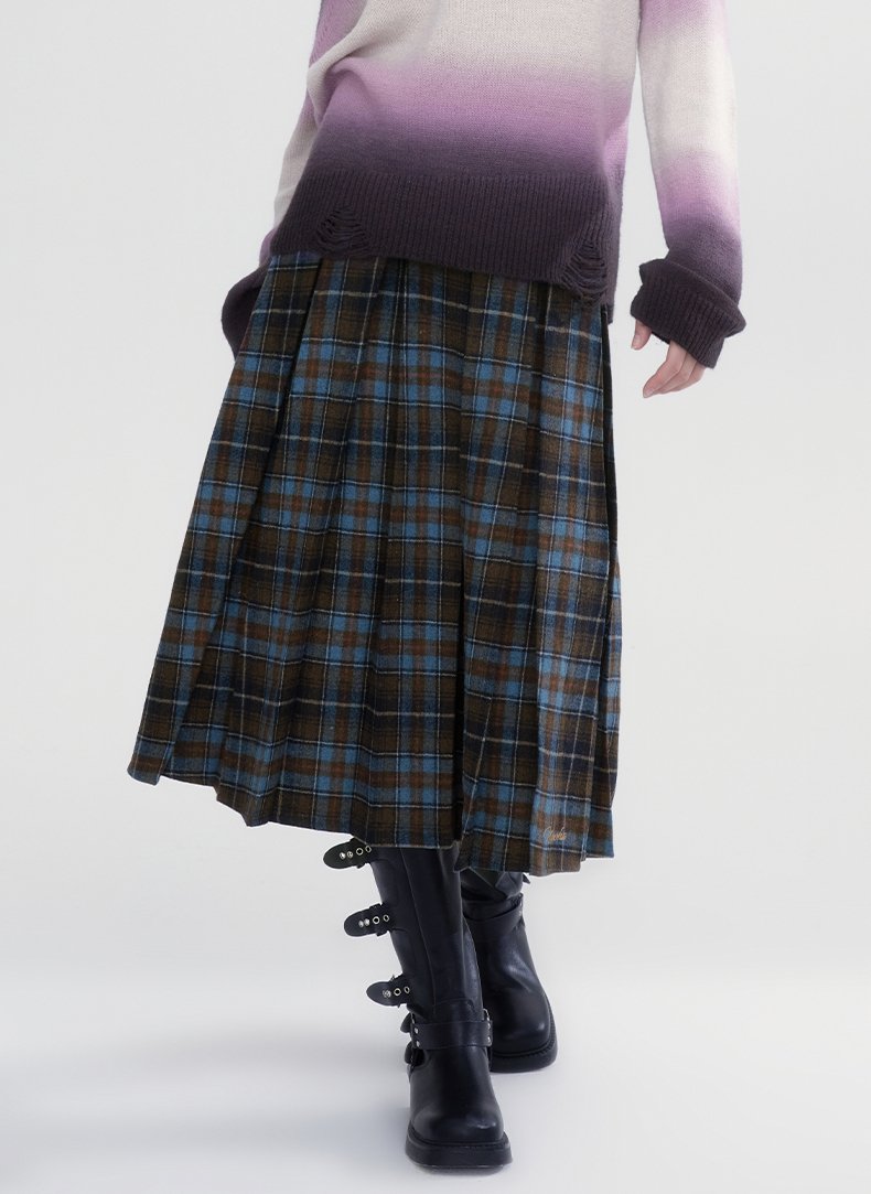 Retro College Loose Pleated Mid-length Plaid Skirt WOO0068