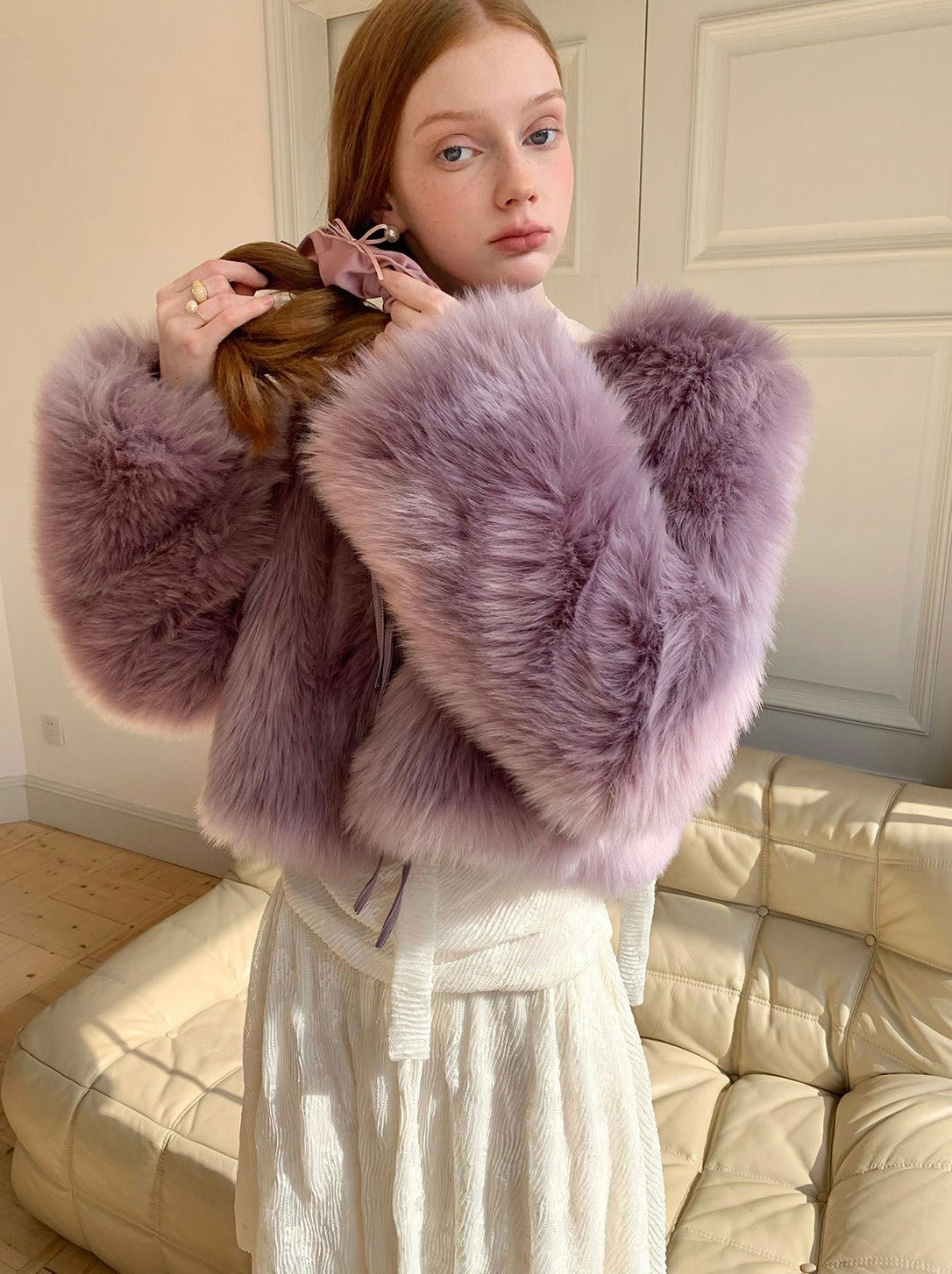 Cream Purple Patchwork Leather Bow Fur Coat RUS0011