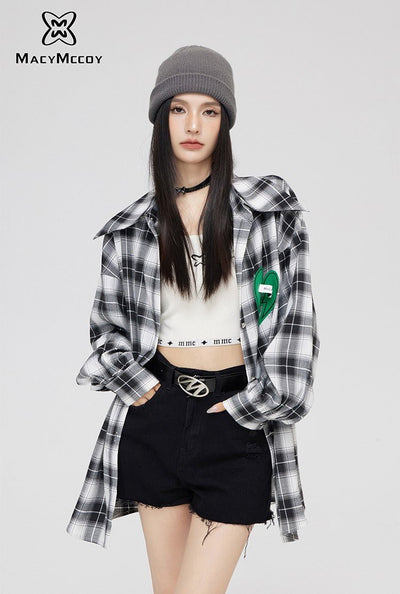 Black And White Plaid Loose Casual Design Long-sleeved Love Shirt MAC0033