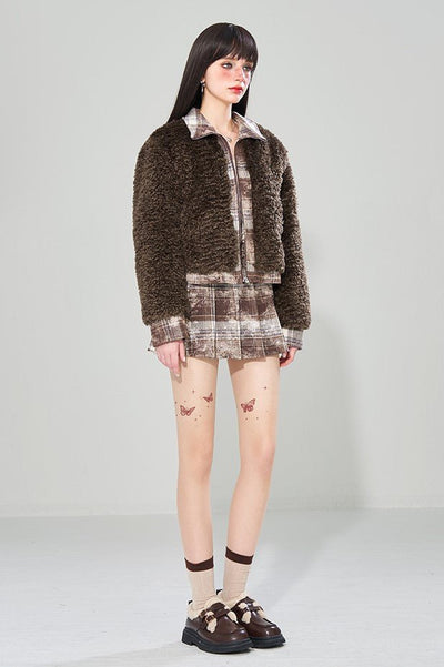 Fur Splicing Plaid Long Sleeve Jacket/Skirt WAE0016