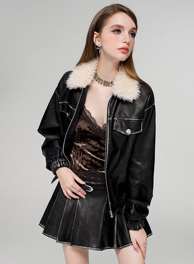 Retro Colored Fur Collar Leather Jacket/Skirt WAE0023