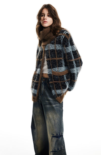 Imitation Mink Loose Lazy Plush Plaid Knitted Cardigan WES0135
