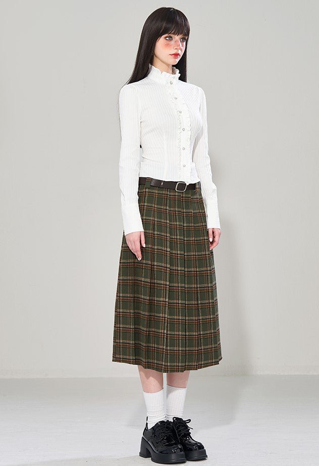 Retro College Style Pattern Pleated Long Skirt WAE0004