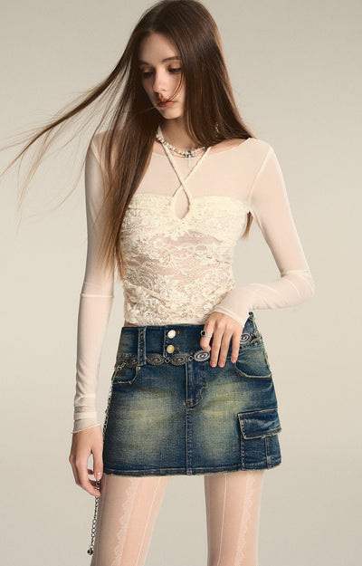 Fake Two-piece Stitching Slightly Lace Top AFF0022
